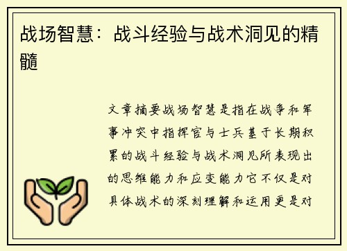 战场智慧：战斗经验与战术洞见的精髓